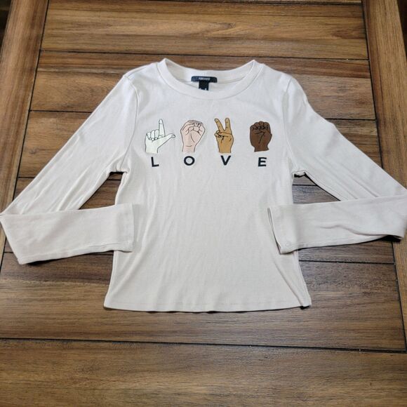 Forever 21 Junior LS Tee Sign Language L.O.V.E. Ivory- Size Medium - Picture 2 of 5